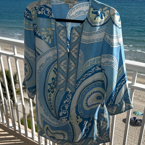 Coldwater Creek Silk Blue White Patterned Tunic - Picture 4 of 7